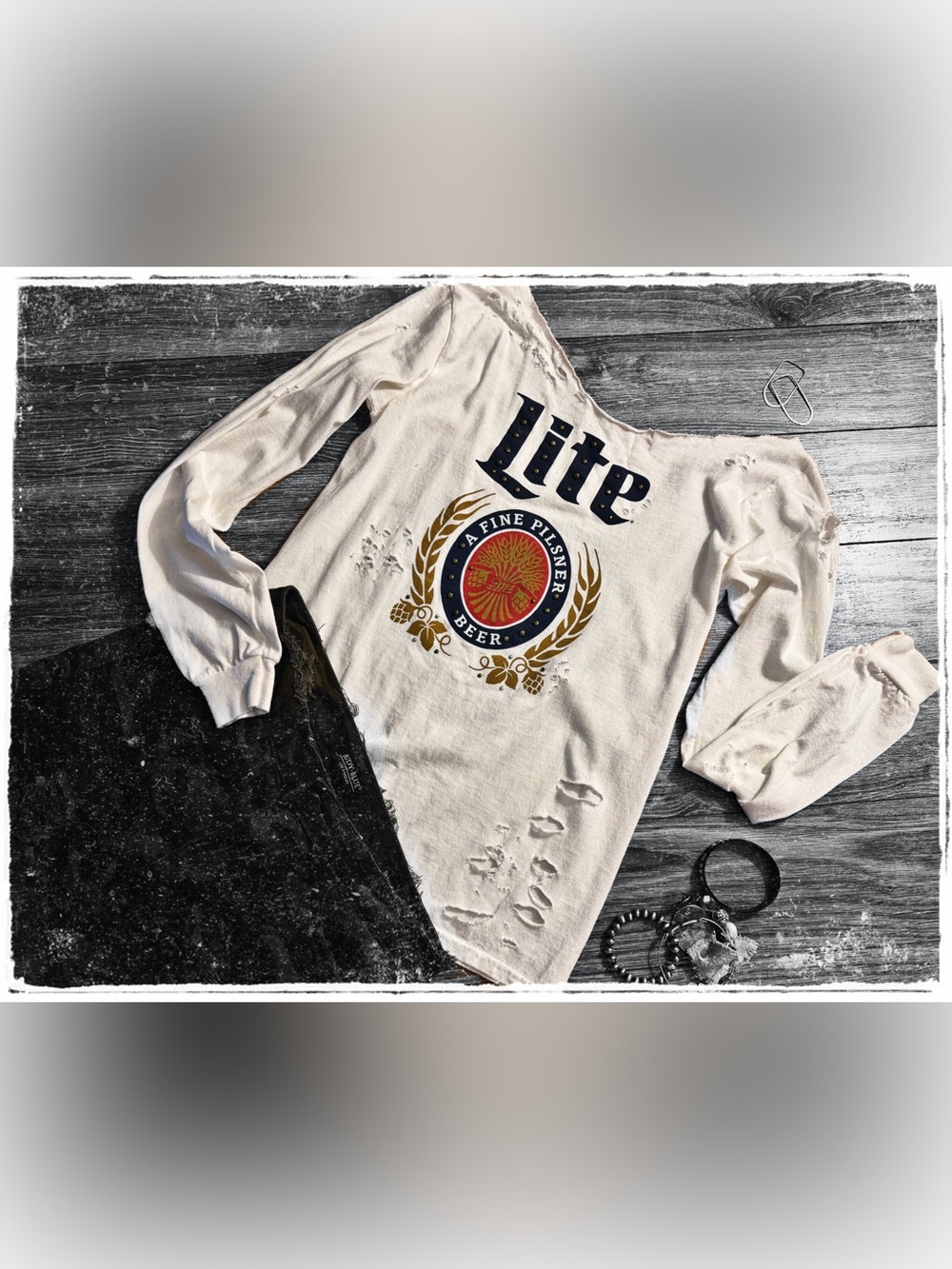 Miller Lite White Studded Long Sleeve Graphic Tee - Distressed Logo